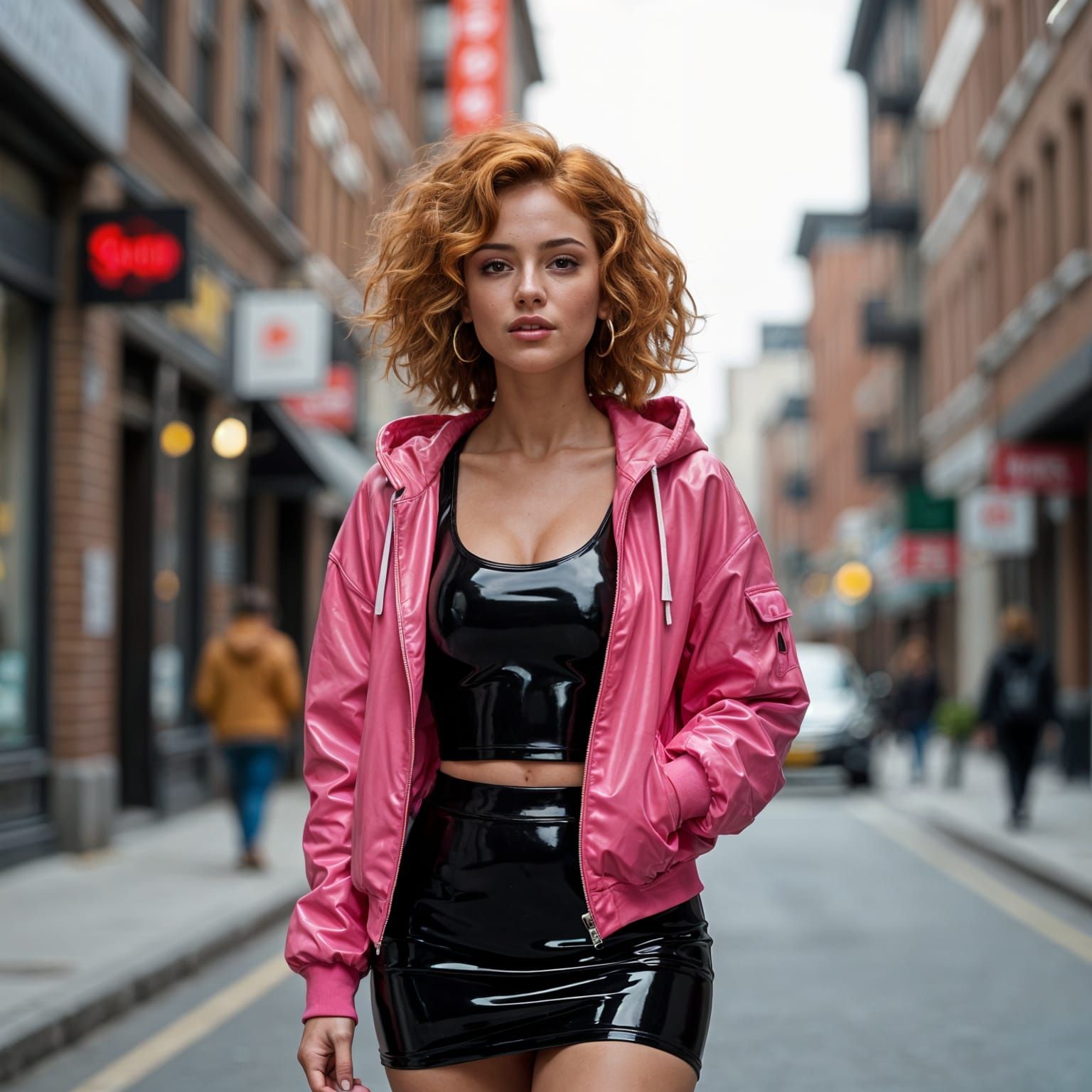 Petite Woman in Latex Fashion on Urban Street