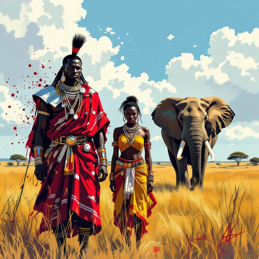 Maasai & African Warrior Couple with Elephant in Dramatic Li...