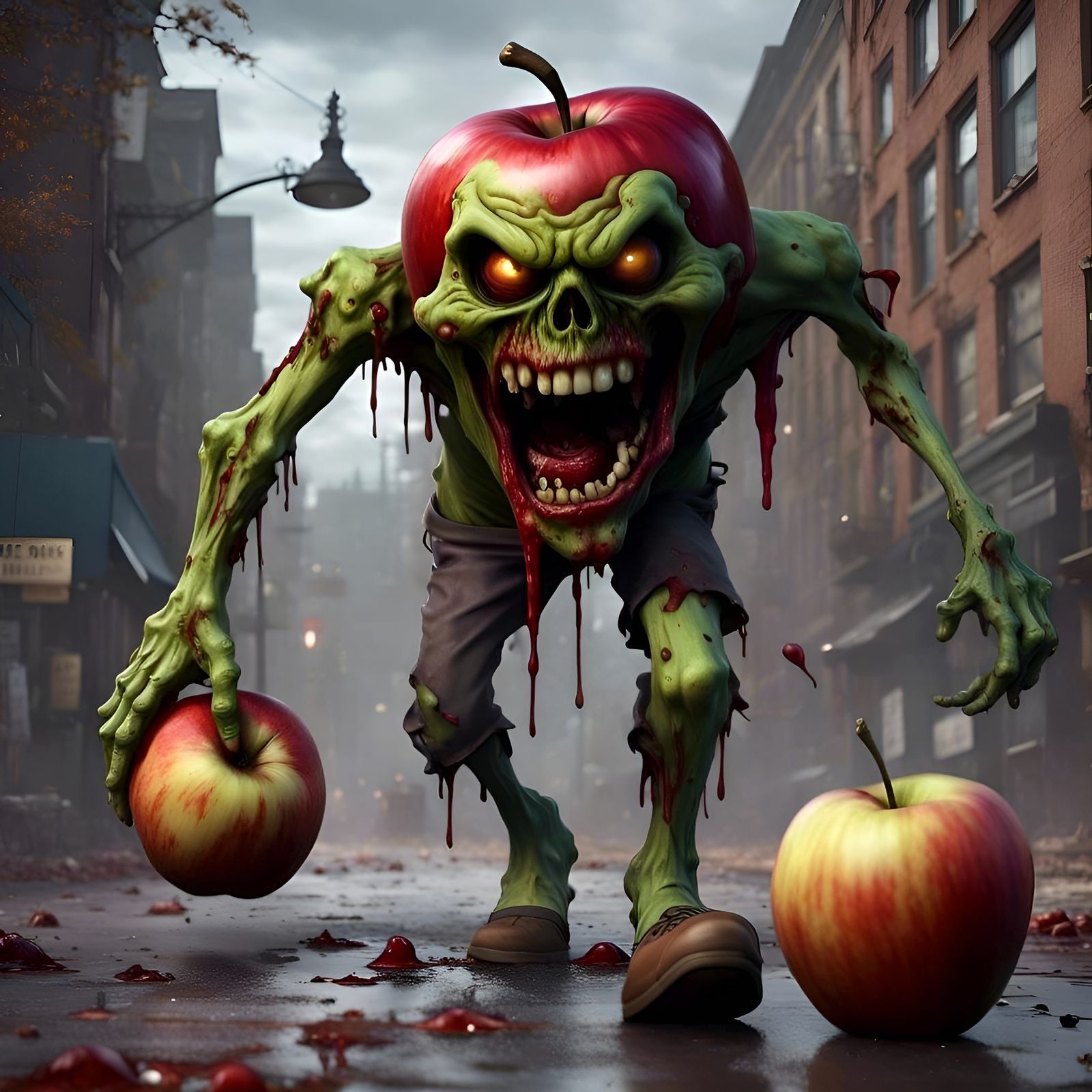 Scary Zombie Apple Character in Dark Fantasy Style
