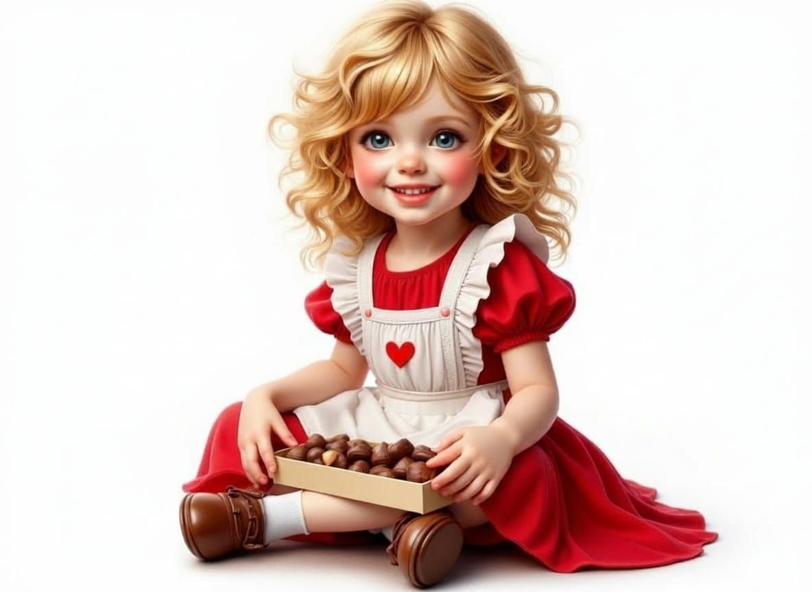 Cute Girl in Red Dress Holds Valentine Chocolates