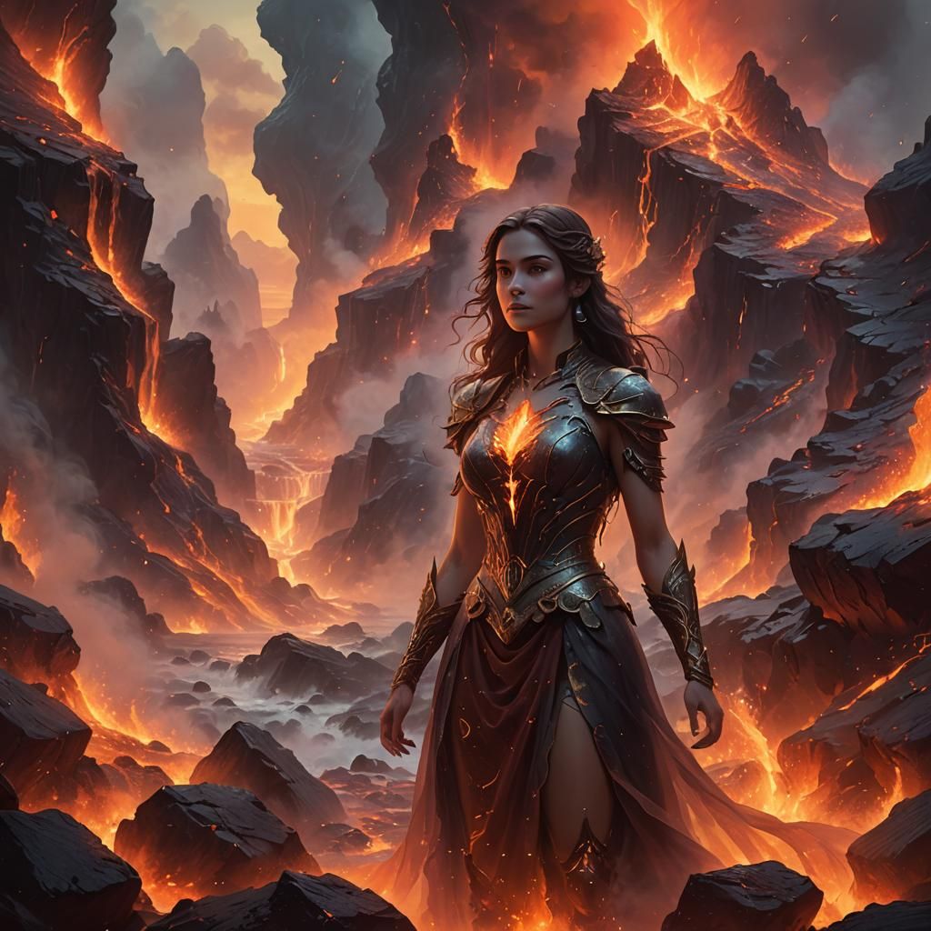 Lavagirl glow with bright, molten light, their bodies radiating intense heat as they stand surrounded by flowing lava a...