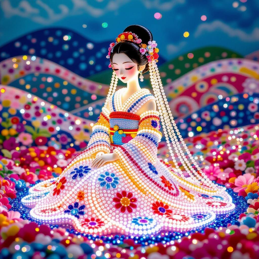 Glowing Beaded Maiden in a Whimsical Beaded Landscape
