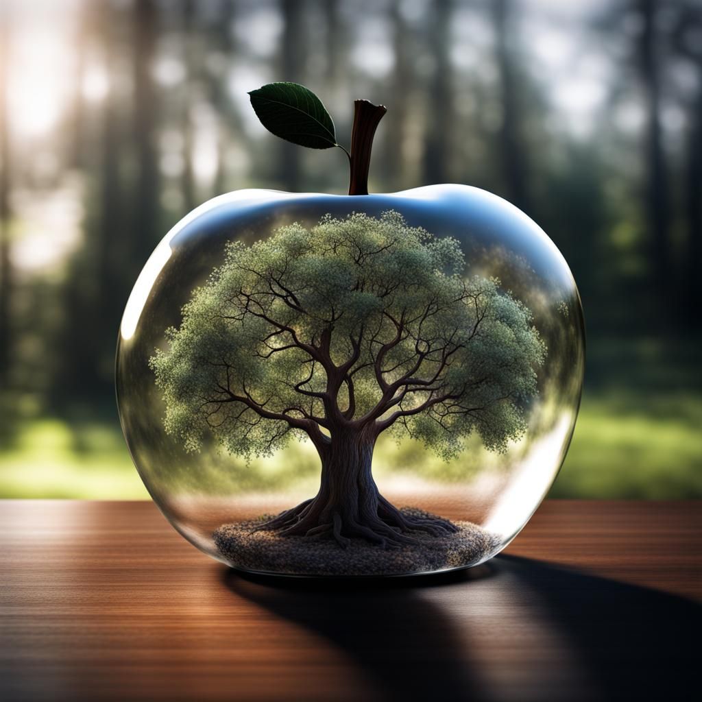 Glass Apple with Miniature Forest: Hyperrealistic Rendering