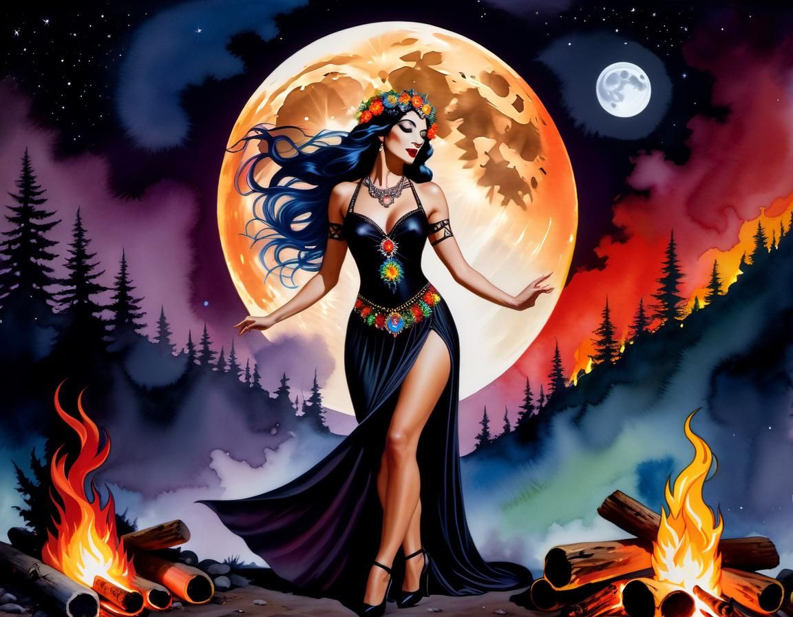 Gothic Latina Pinup with Rainbow Crystals in Watercolor