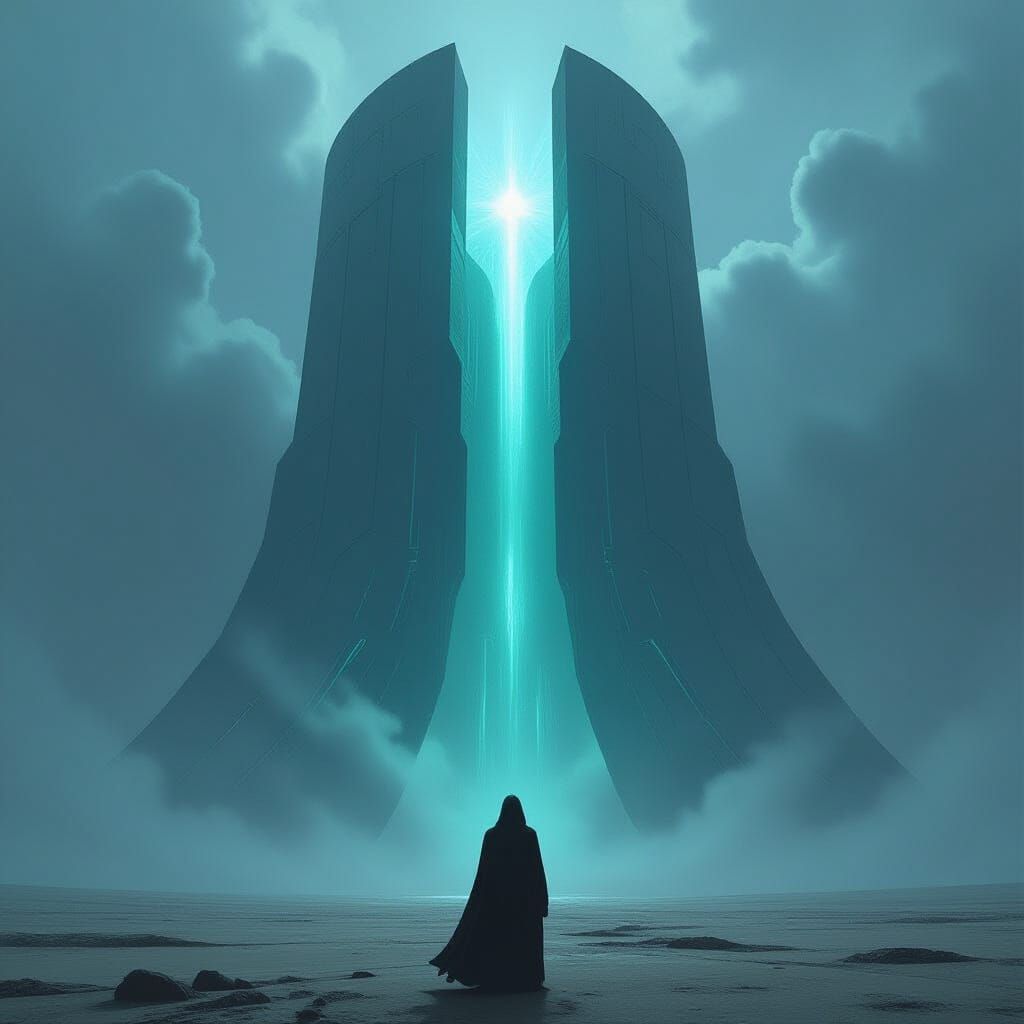 Figure Gazes at Colossal Alien Structure on Barren Plain