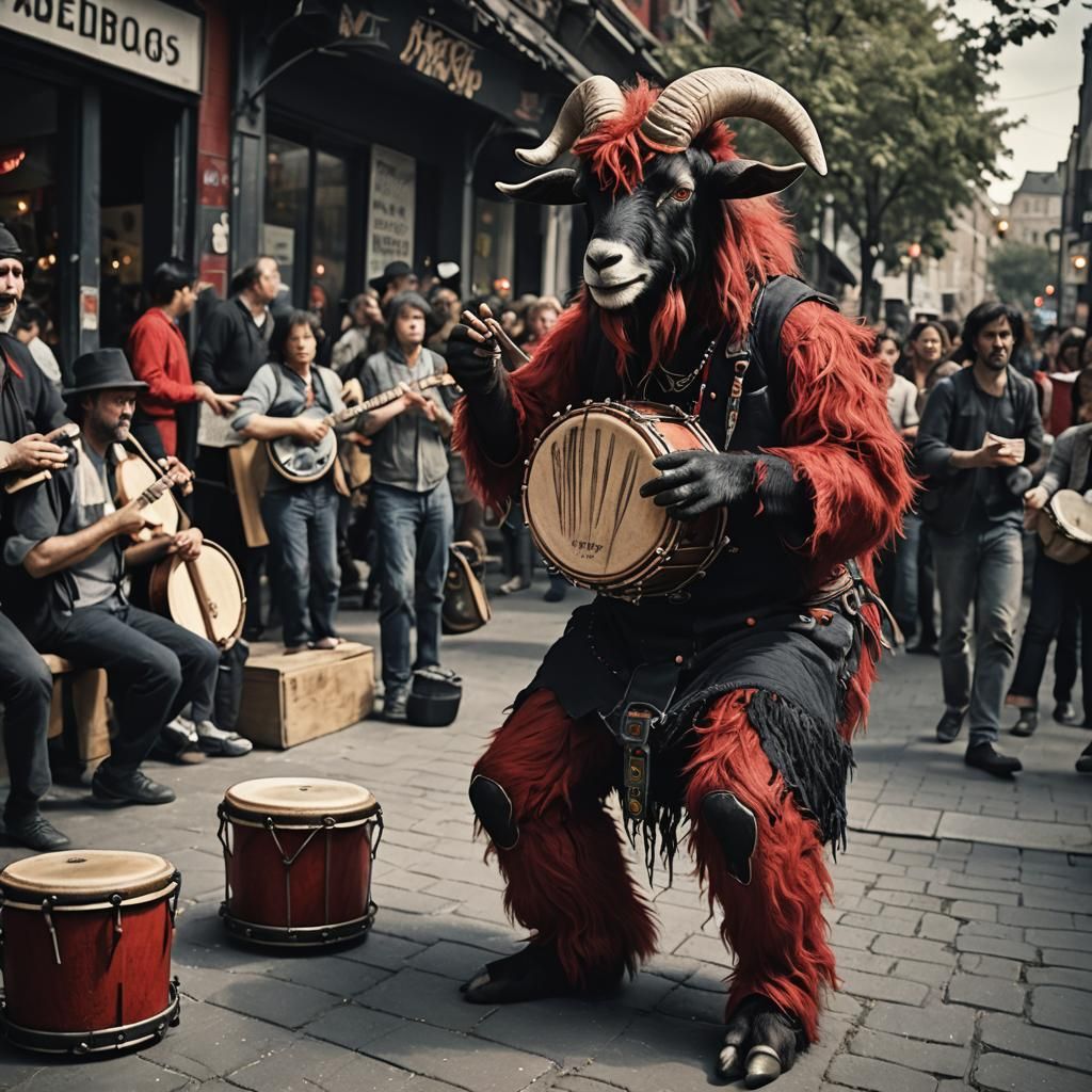 Shaggy Goat Plays Bongos in Photorealistic Style