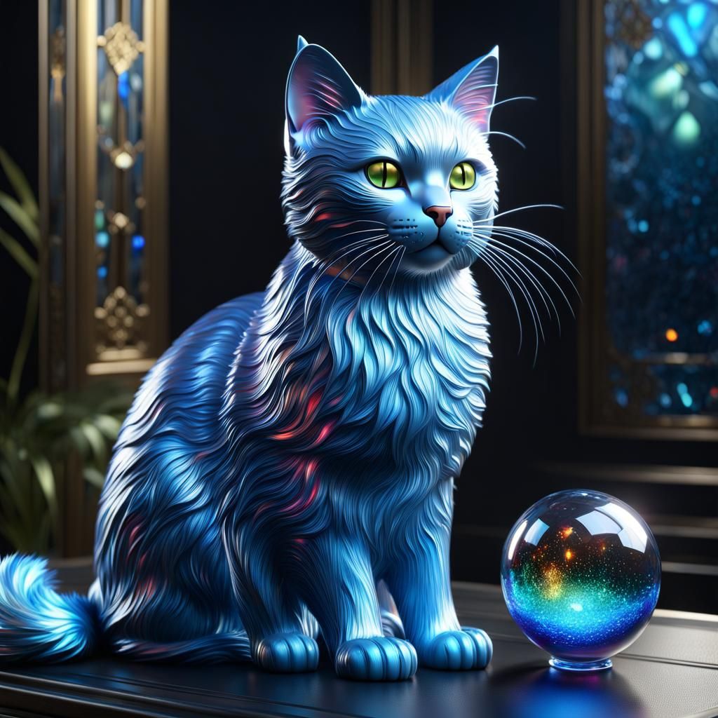 Glass Blue Cat with Cracked Fur in Art Deco Style