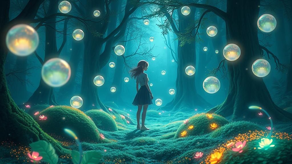 Mystical Forest Scene with Glowing Orbs in 3D Anime Style
