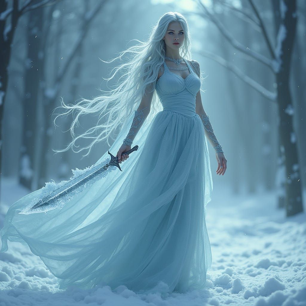 Ethereal Ice Elf Woman in Frosty Long Dress and Icy Sword