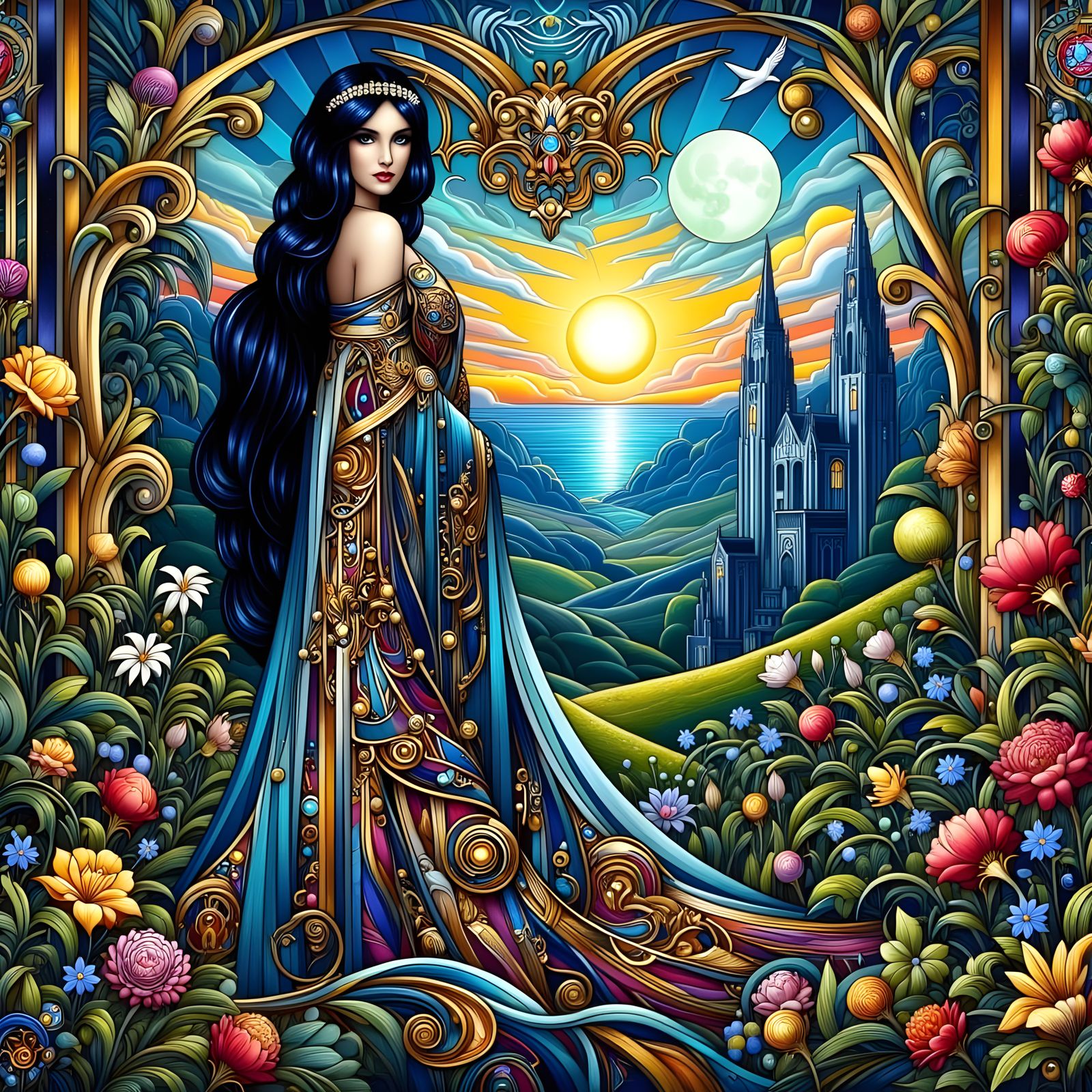 Stunning Art Deco Nouveau Woman in Vibrant Stained Glass Gar...