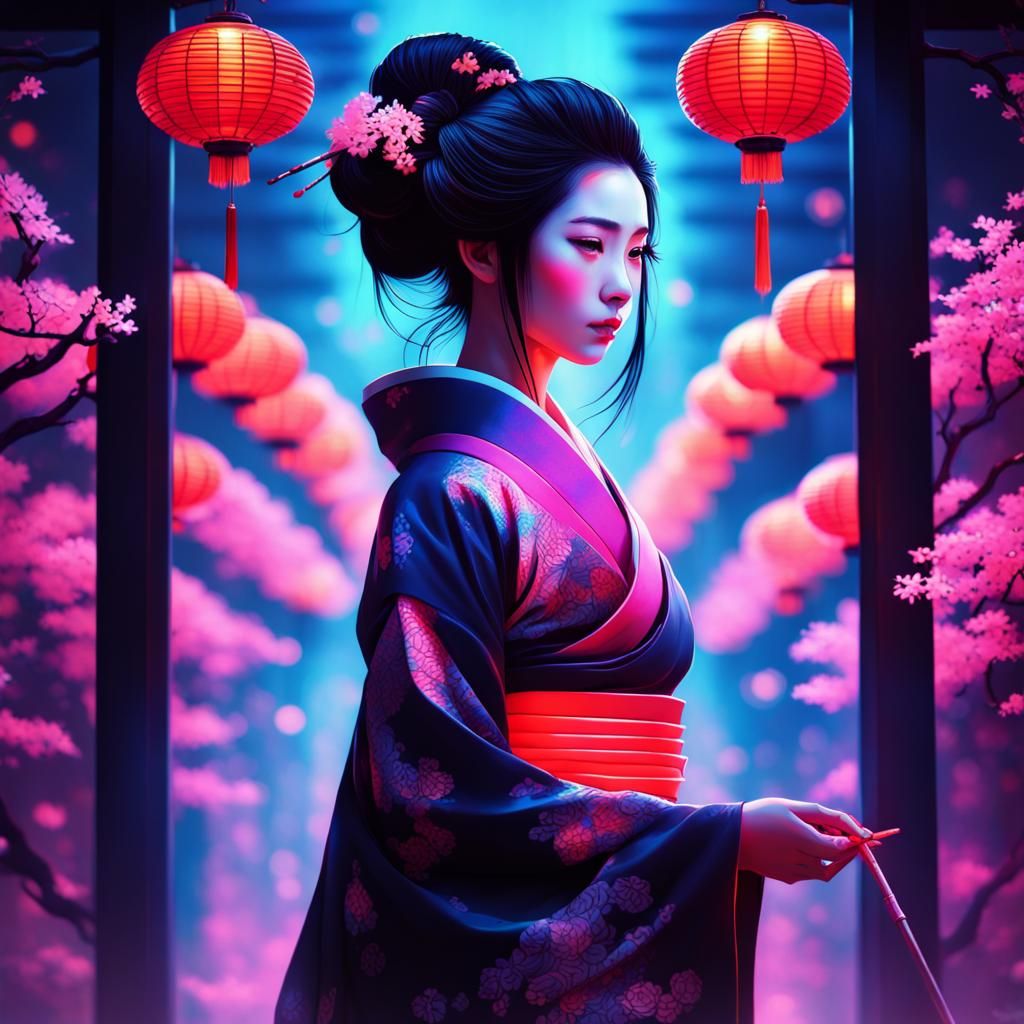 Blacklight Art Geisha in Solarpunk Style