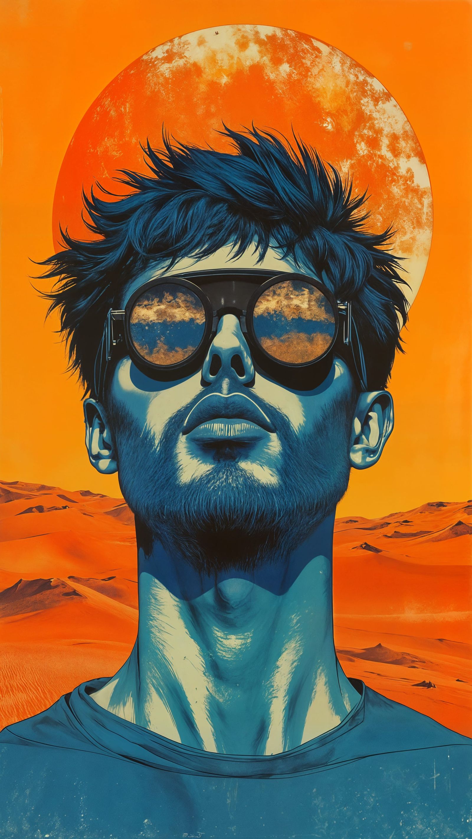 Vintage Portrait of a Blue Man in Desert Sunrise