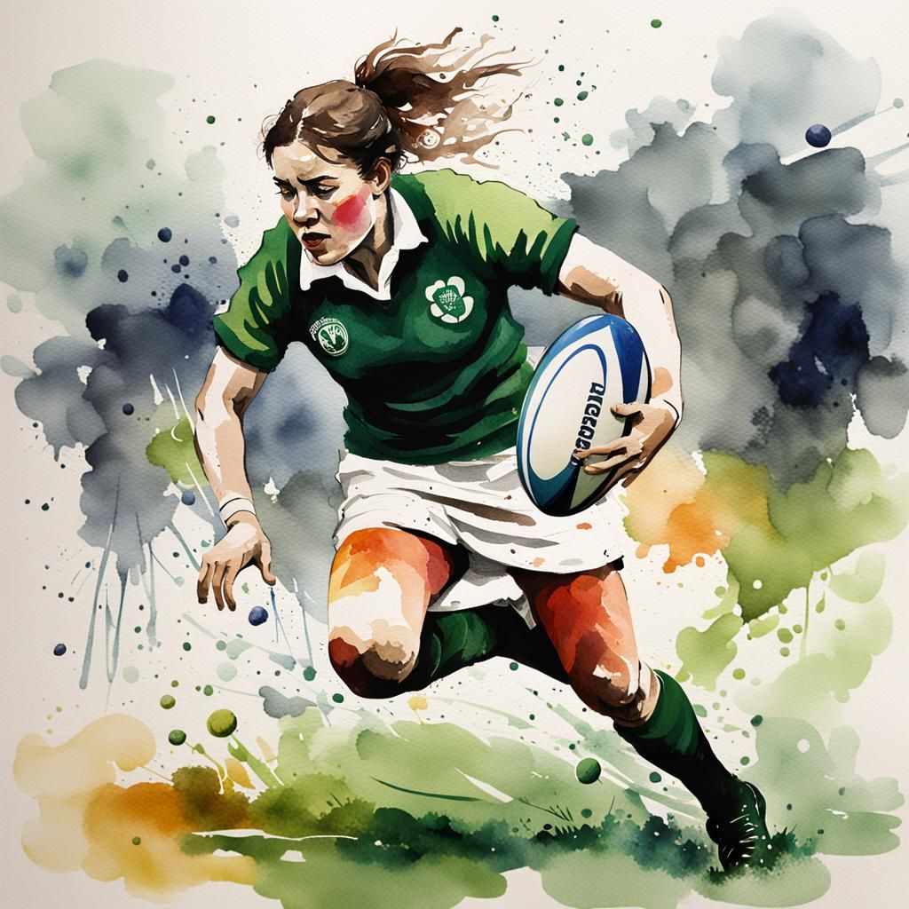 Irish Woman Playing Rugby in Watercolor Style