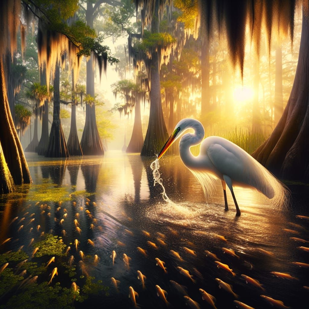 Hyperrealistic Great White Egret in Cypress Bayou