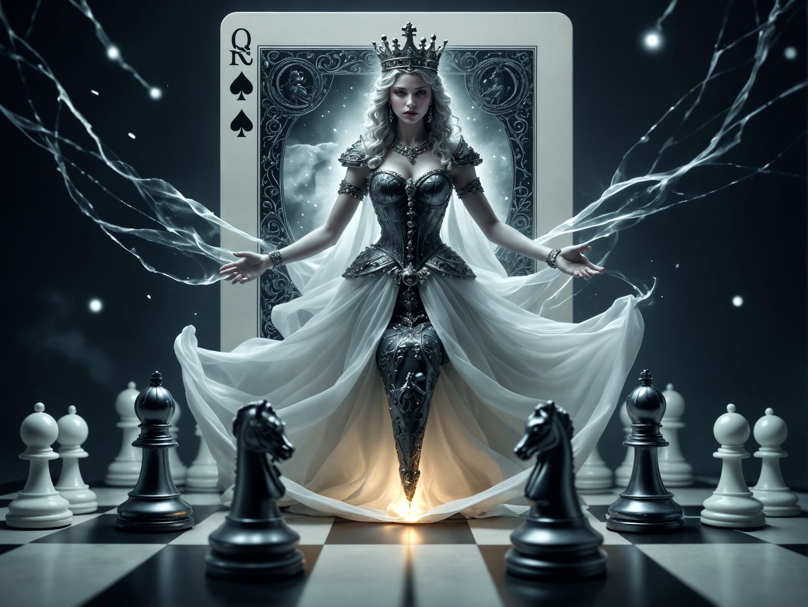 Ethereal Chess Queen Ascends in Regal Greyscale