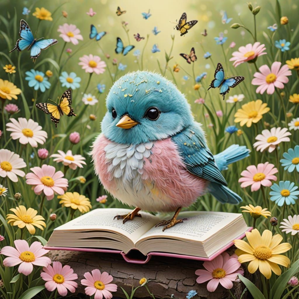 Whimsical Springtime Scene with Furry Bookworm