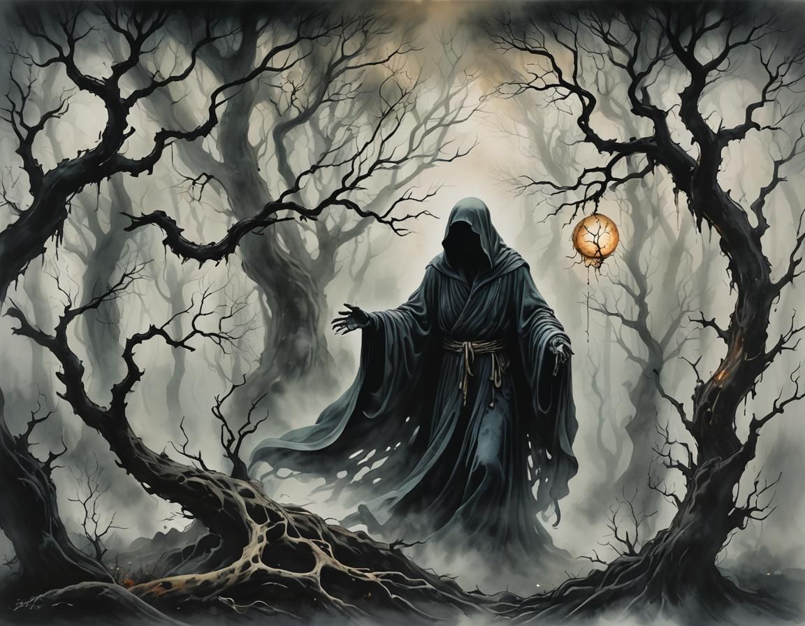 Ethereal Figure Emerges in Dark Fantasy Ink Painting