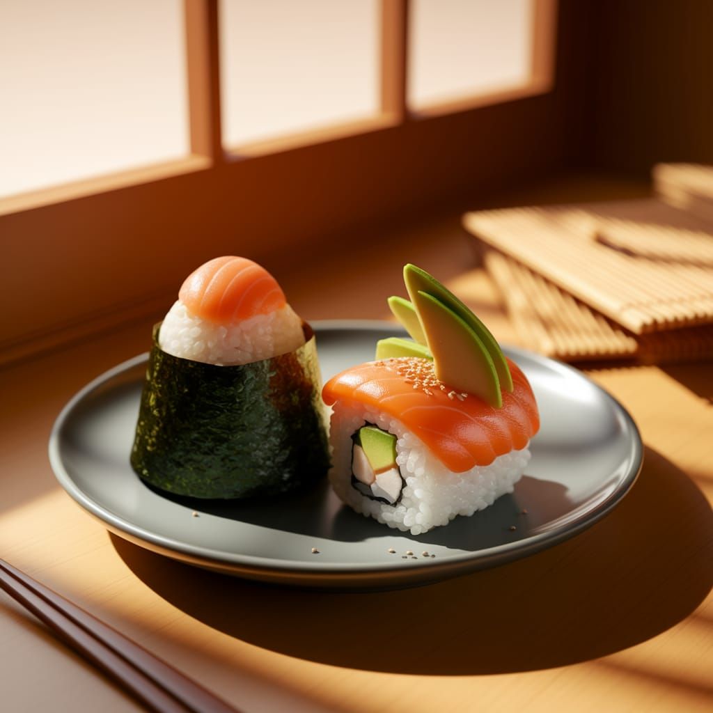 Sushi Still Life: Onigiri and Vibrant Roll