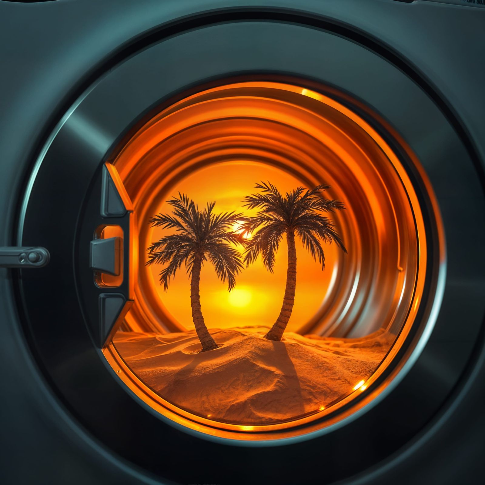 Palm Trees in Washing Machine: Photorealistic 4K Scene