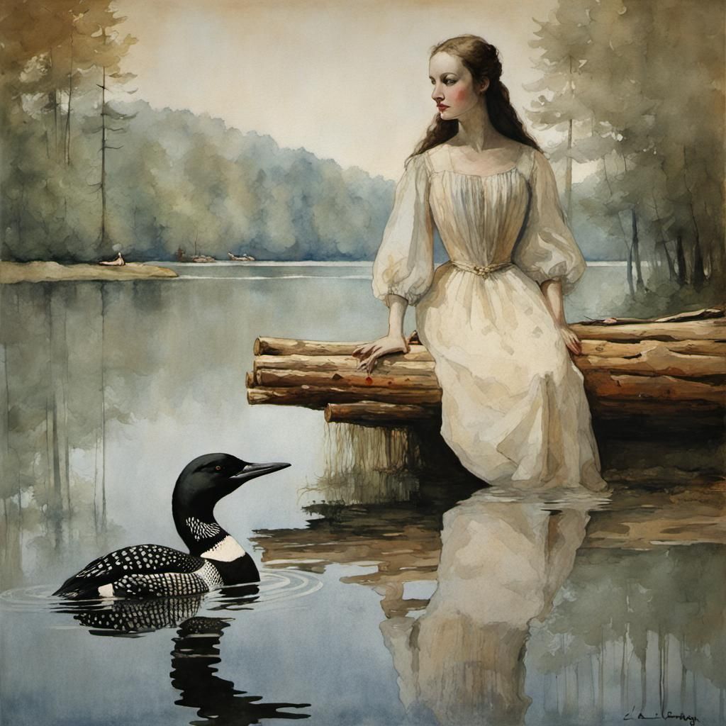 Lakeside Scene with Loon in Classic Style