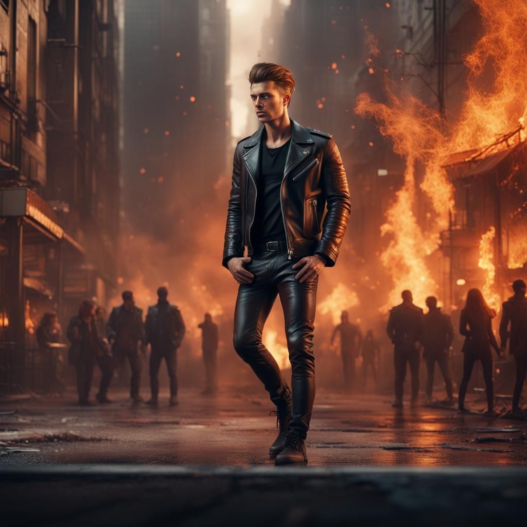 Man in Burning City: Detailed Matte Painting