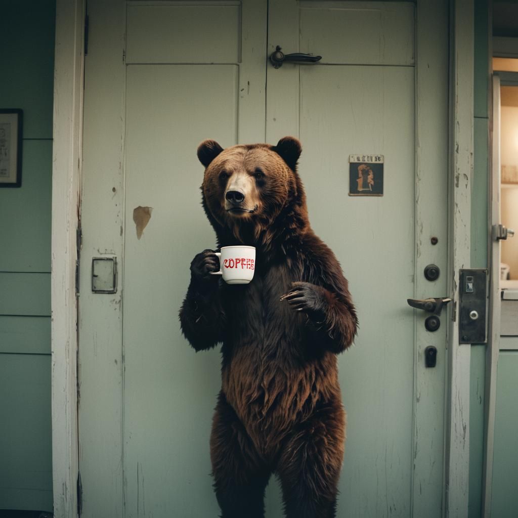 Bear Needs Coffee: Cinematic Film Still