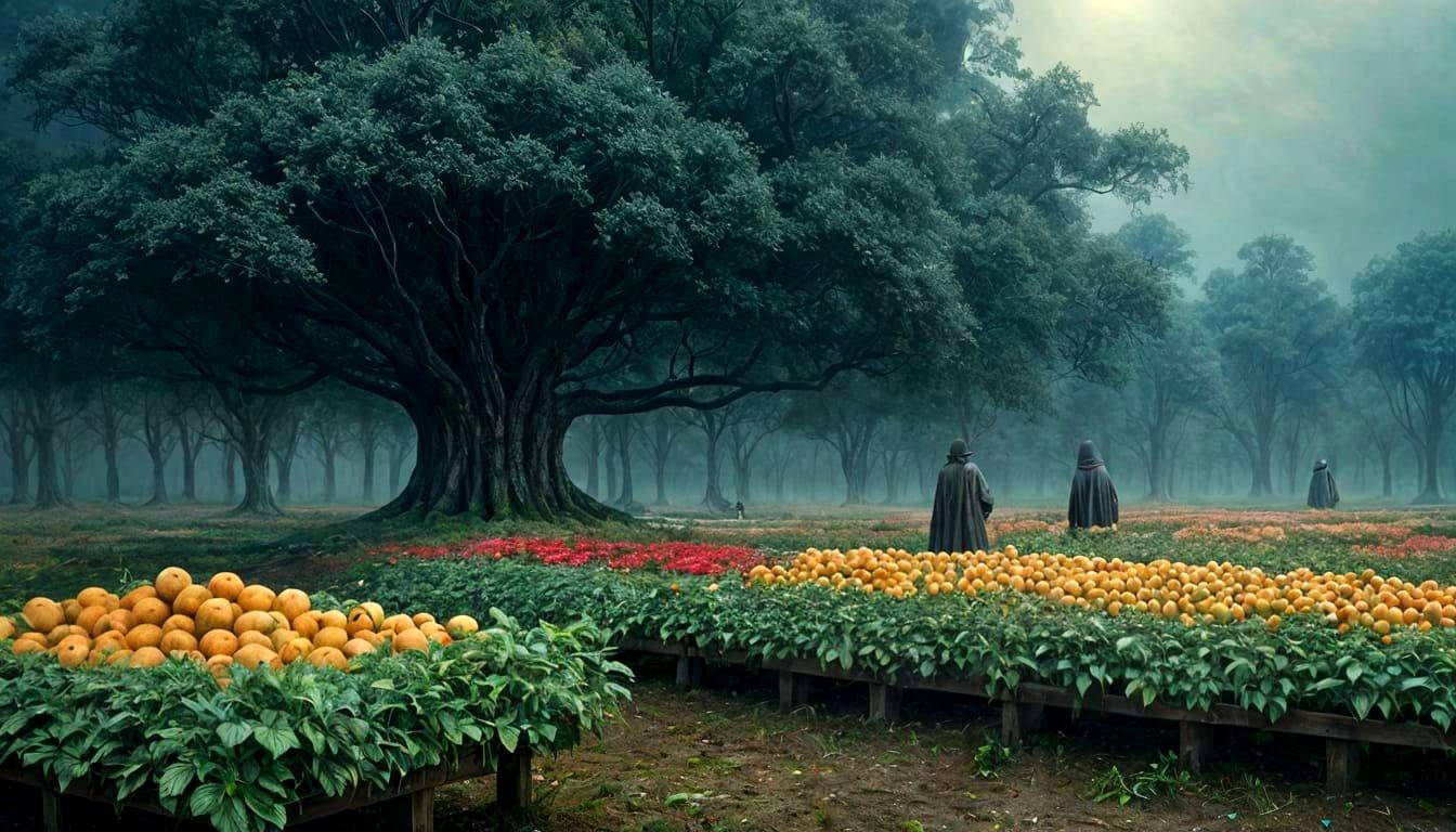 Surreal Landscape: Farmstands as Trees with Glowing Fruit