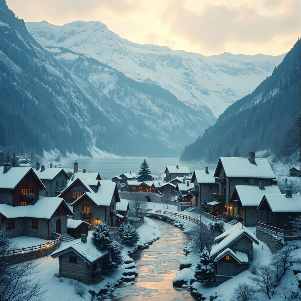 Snowy Village in Valley: Cinematic Winter Scene