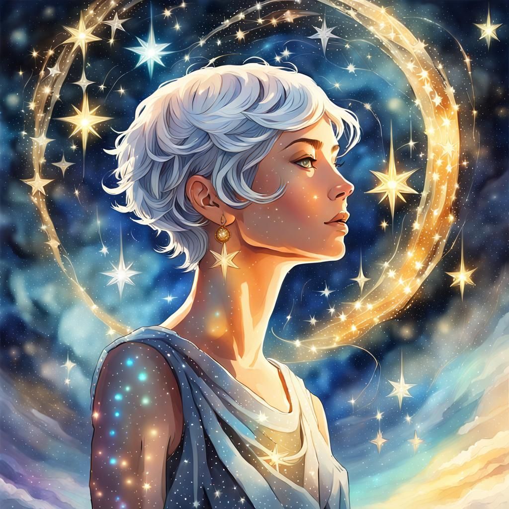 Starlight Goddess with Short Hair as Watercolour Painting