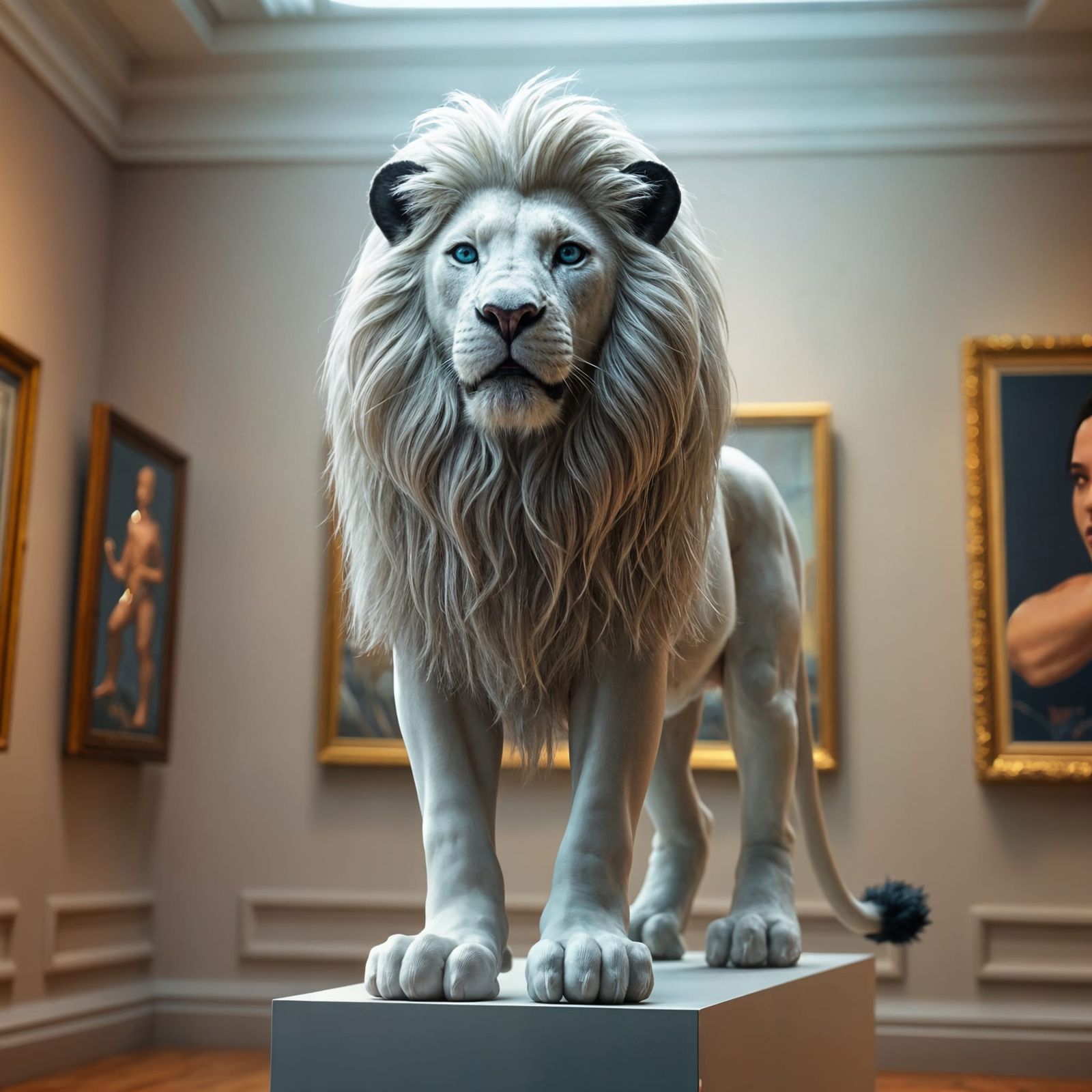 Majestic White Lion in Epic Cinematic Art Gallery Setting