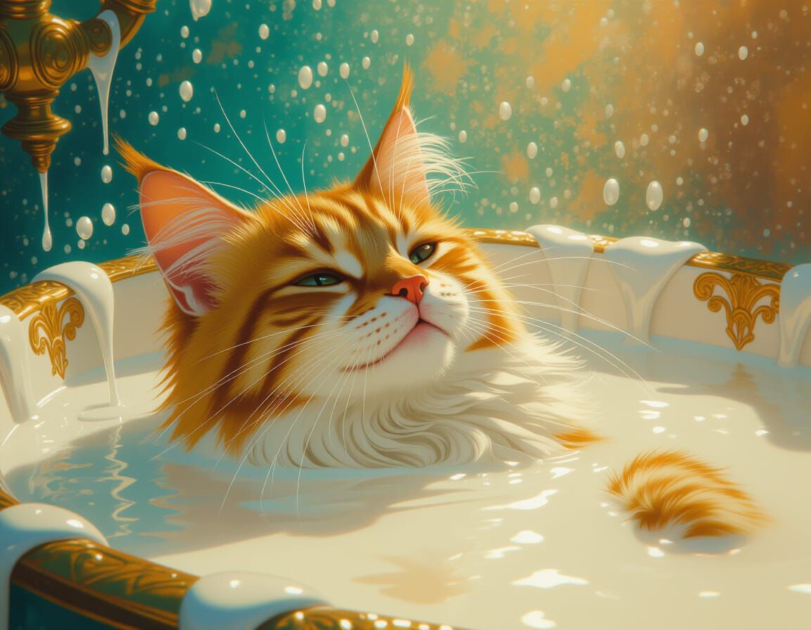 Royal Cat in Milk Bath, Oil Painting Style