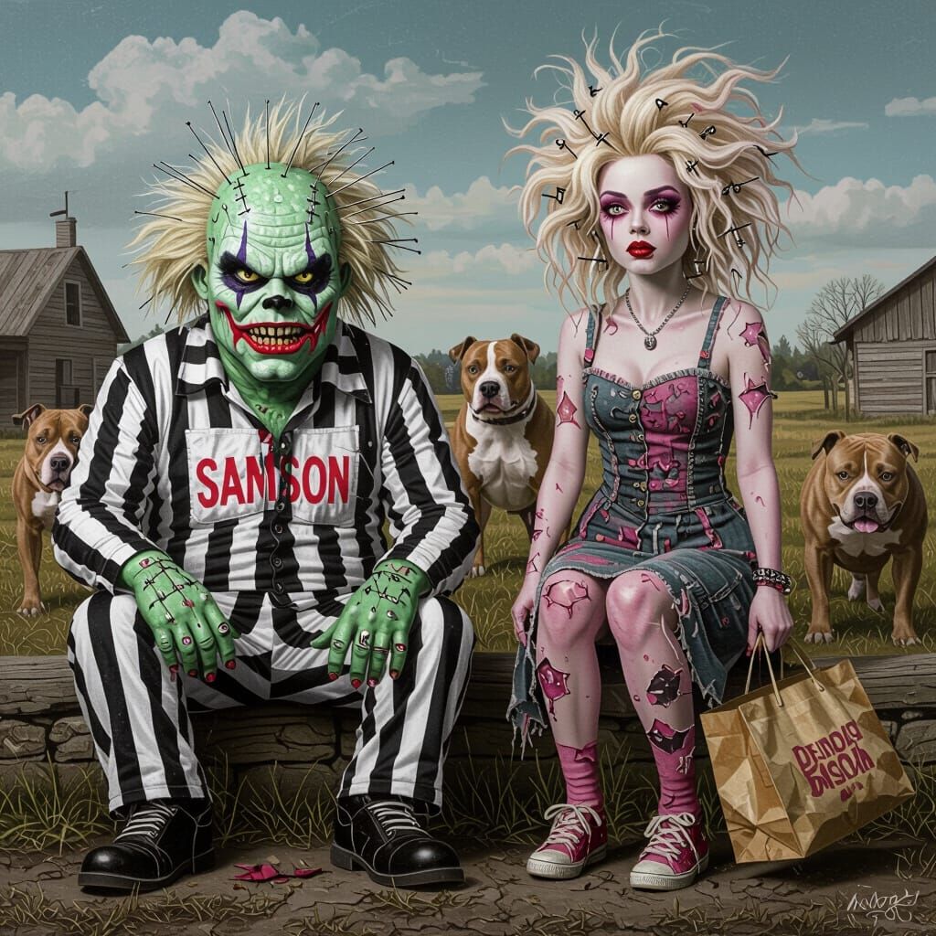 Grotesque Monster and Sad Woman Portrait in Horror Style