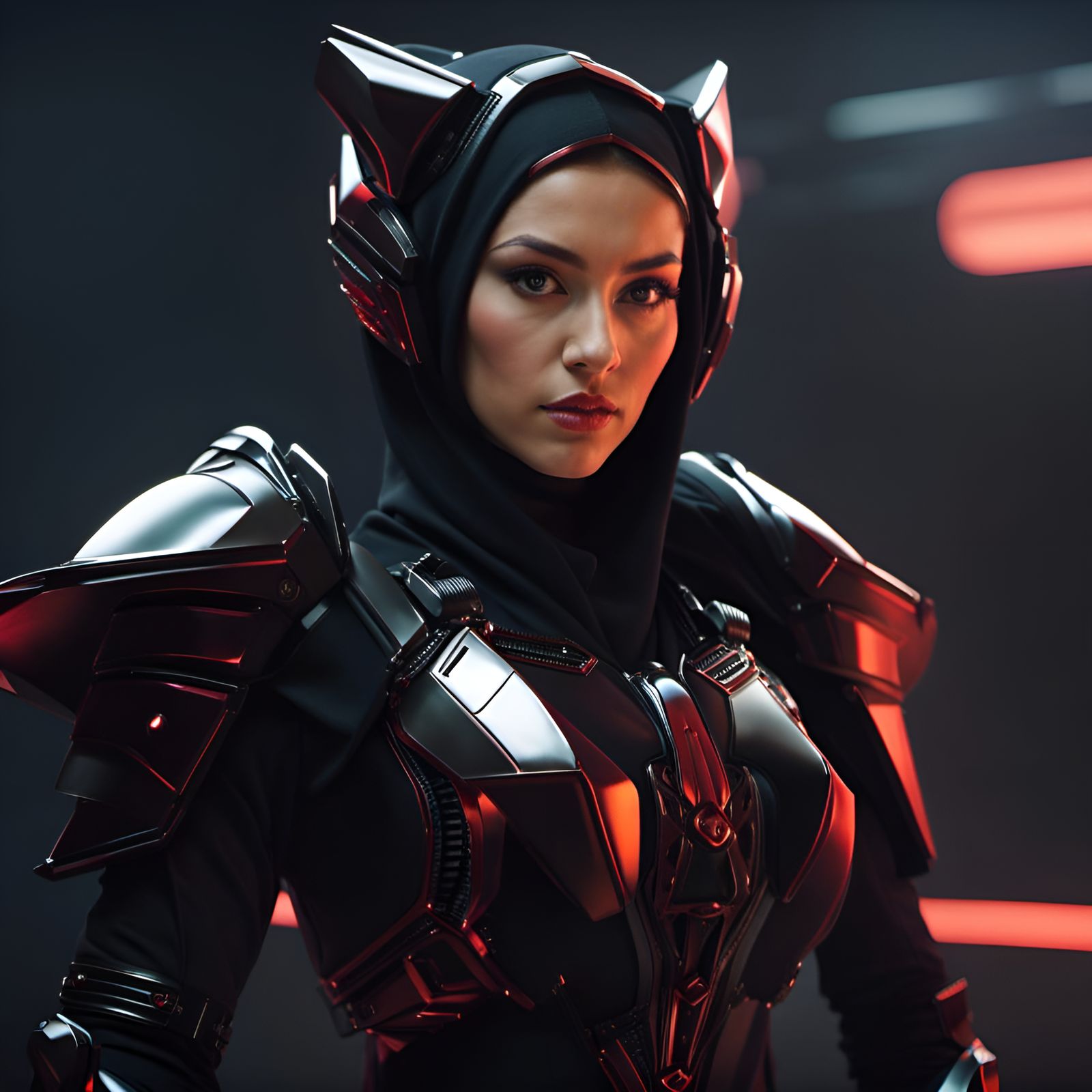 Futuristic Hijabi Queen in Blood Armor