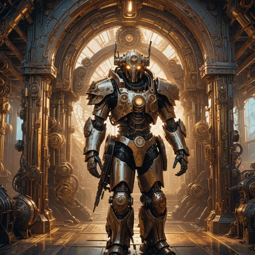 Steampunk Robot Warrior in Cyberpunk Valhalla