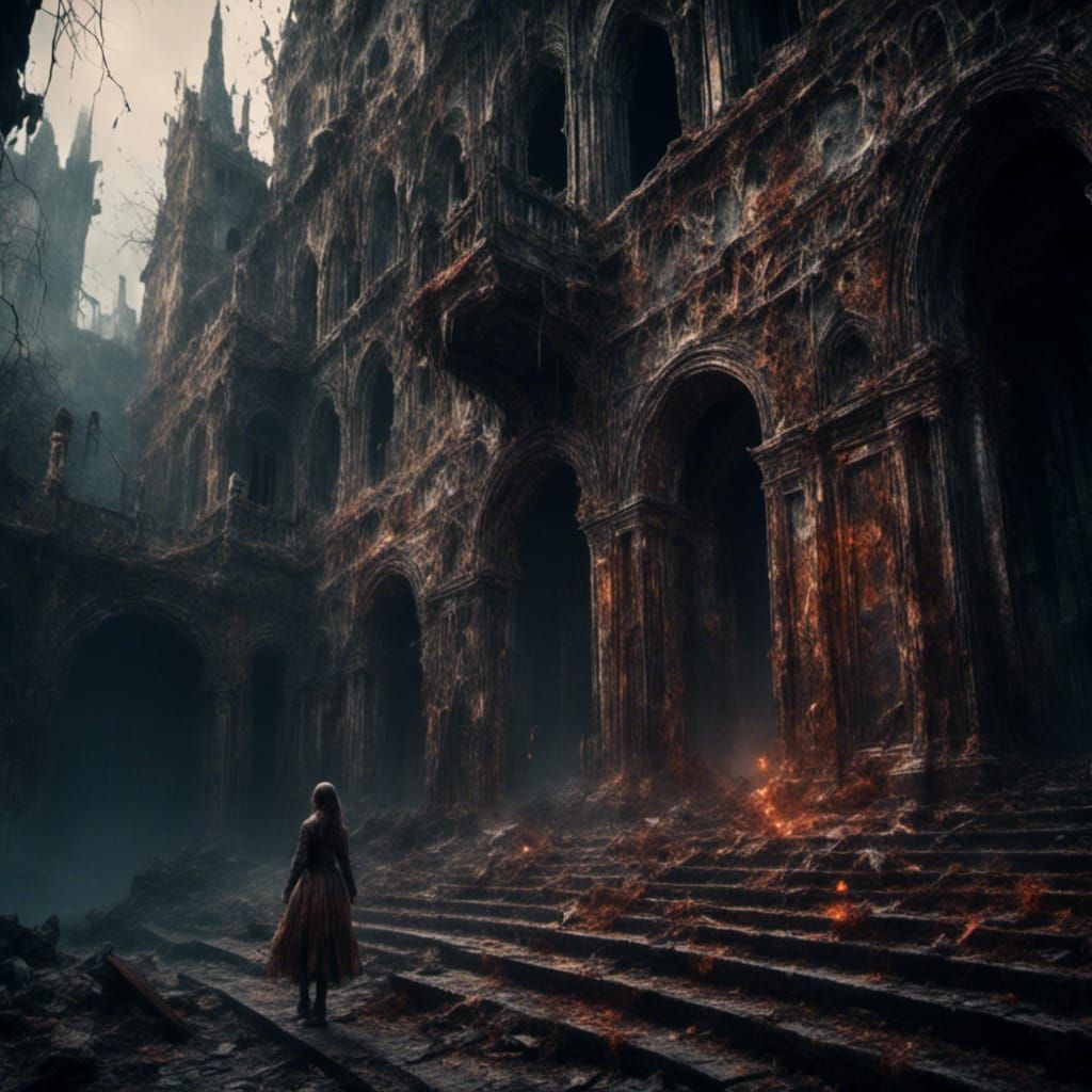 Girl in Dark Castle Running from Ghosts