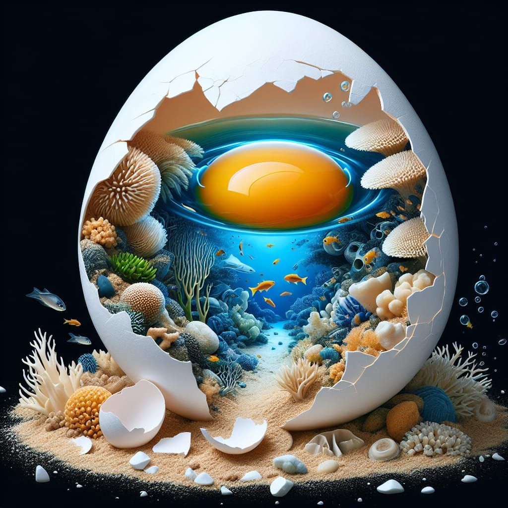 Underwater Reef Scene Emerging from Cracked Egg