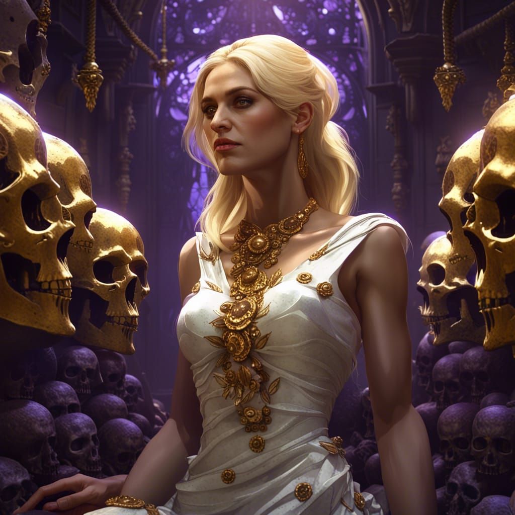Woman in Gold Dress Surrounded by Skulls