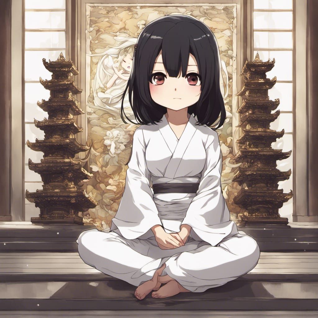 Chibi Anime Girl Meditating Before Buddha