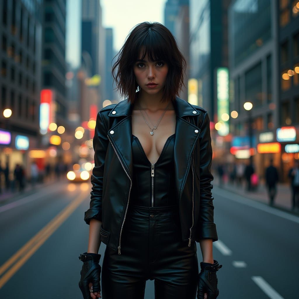Confident Urban Enigma in Cyberpunk Aesthetic