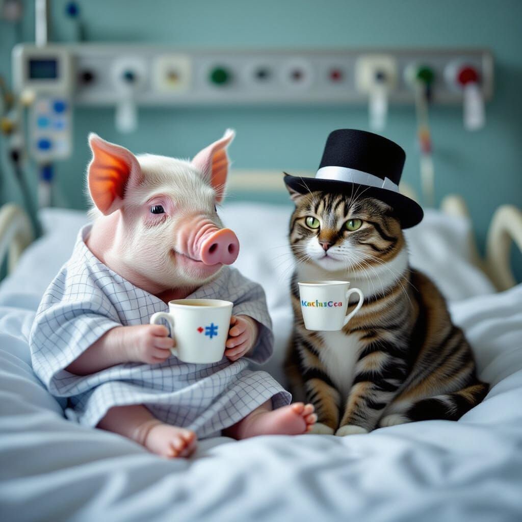 Pig and Cat Toasting in Hospital, Documentary Style