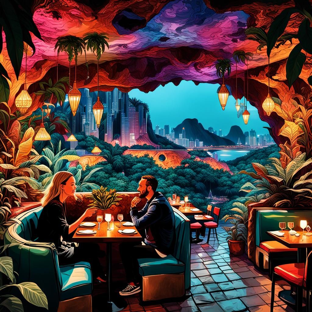 City View Restaurant at Night in Maximalist Style