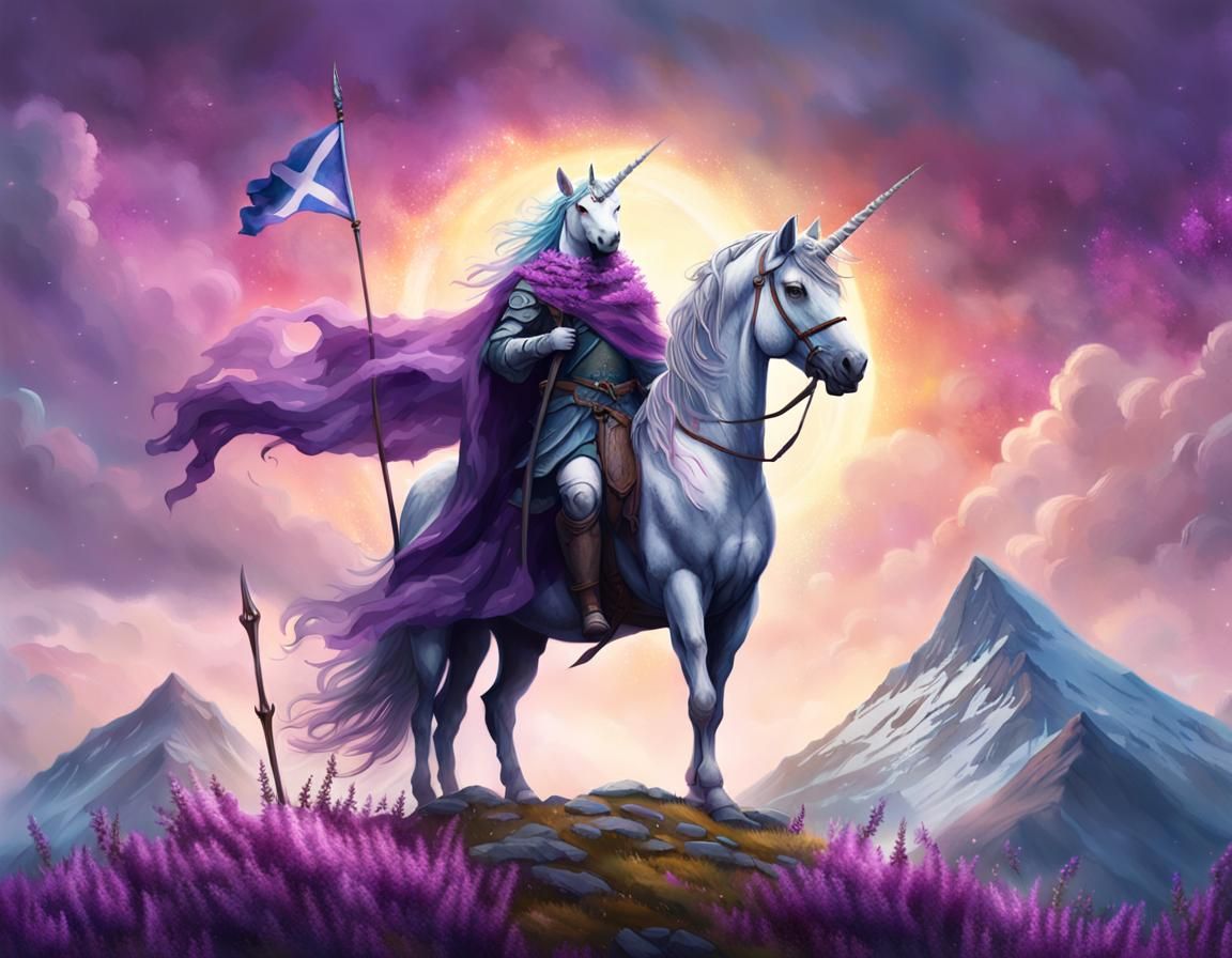 Majestic Unicorn with Claymore on Misty Scottish Mountain