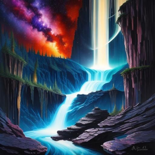 Nebula and Waterfall Double Exposure Art