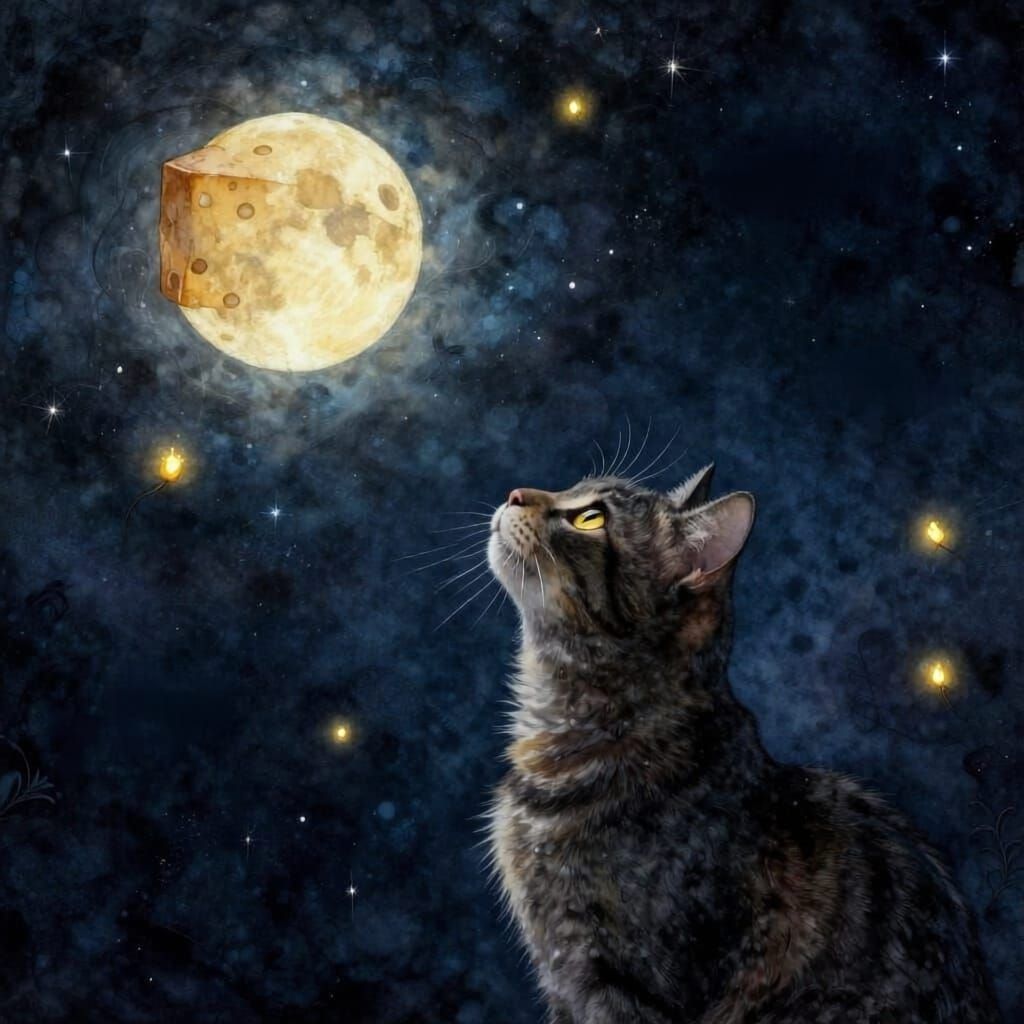 Cat Gazes at Cheese Moon in Starry Universe
