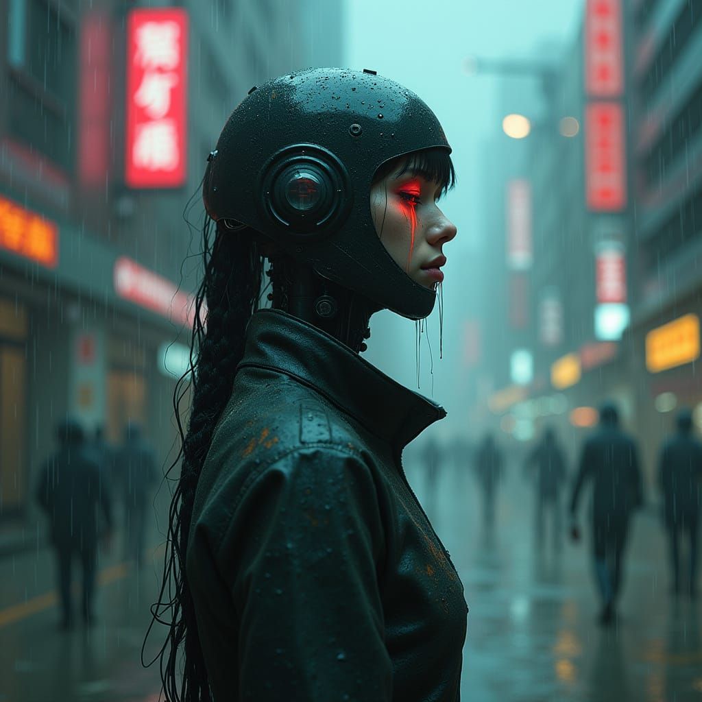 Melancholic Cyborg Weeping in Rainy Cyberpunk Cityscape