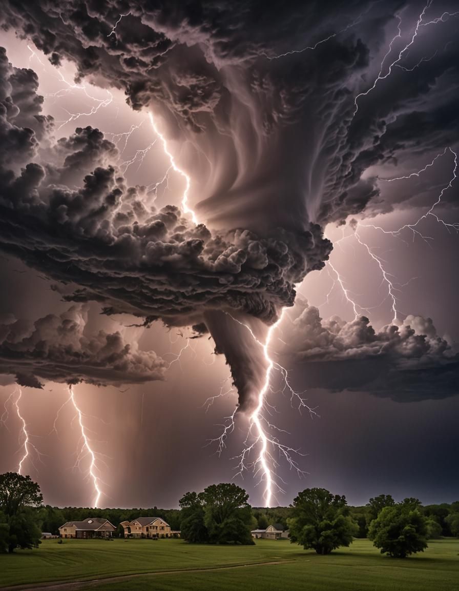 Mega Tornado and Lightning Storm in Dark Fantasy Style