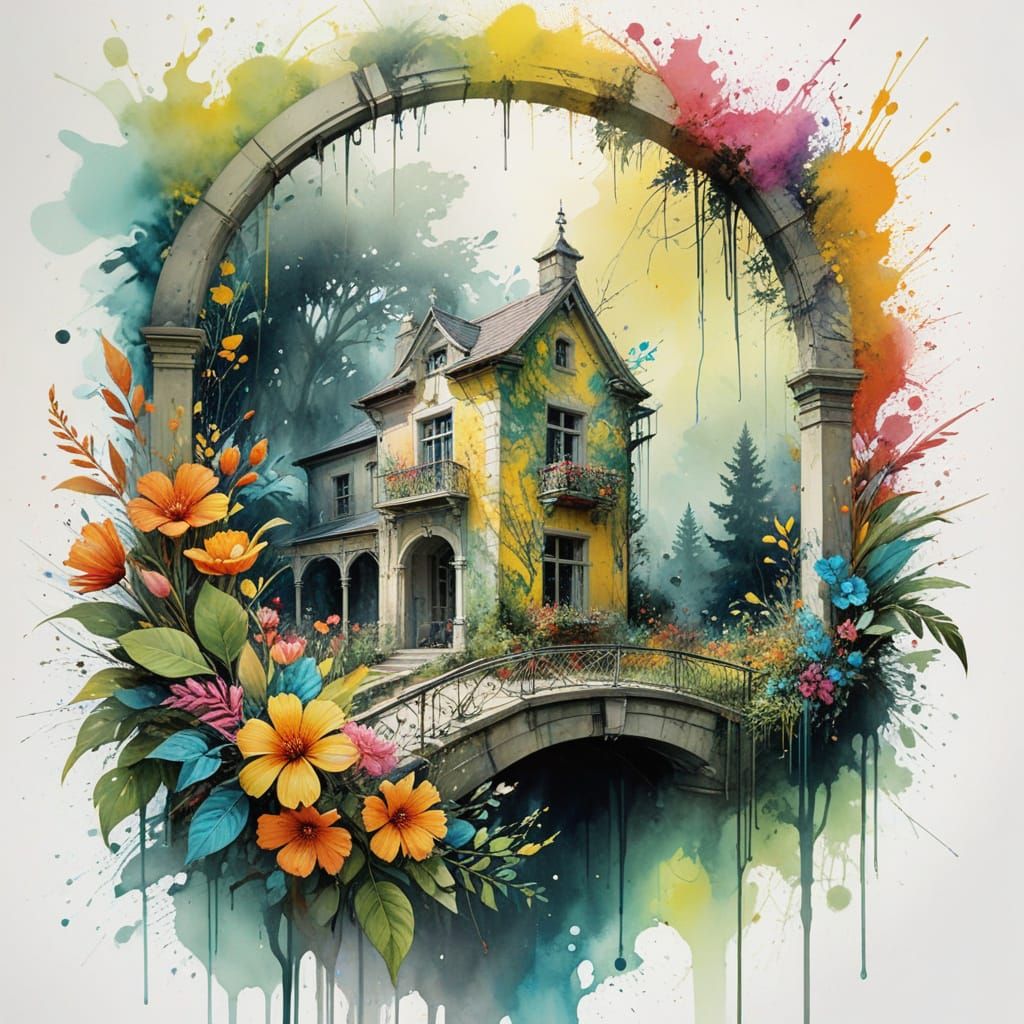 Elegant Porch Oasis in Watercolor Style