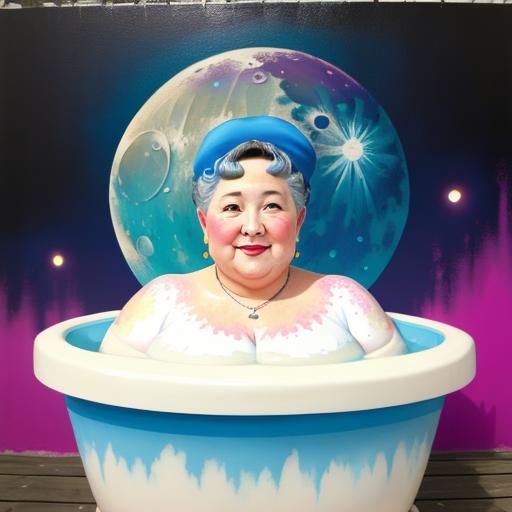 Redhead Lady's Moonlit Milk Bath in Graffiti Art Style