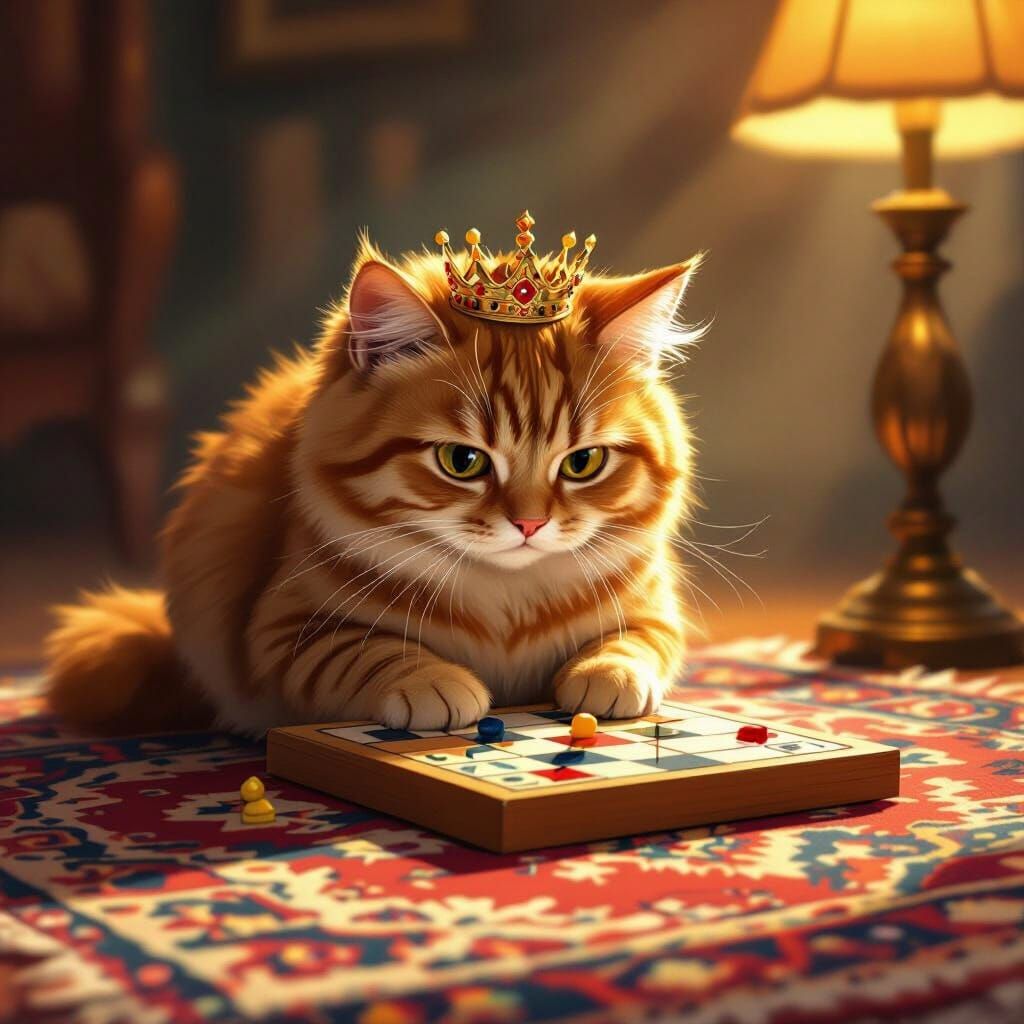 Ginger Cat Plays Ludo on Persian Rug in Cozy Light