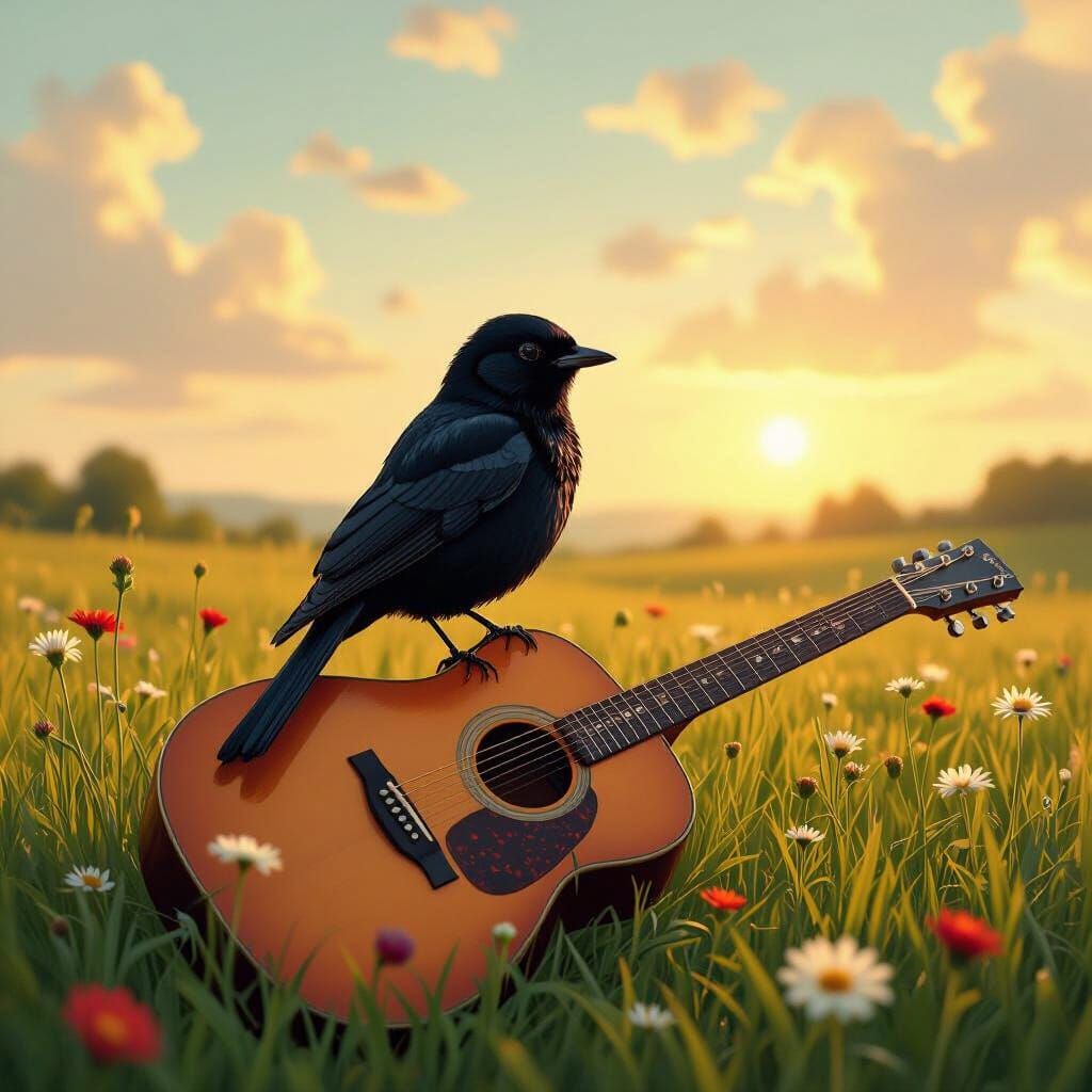 Bird in Tuxedo on Guitar in Meadow, Matte Painting